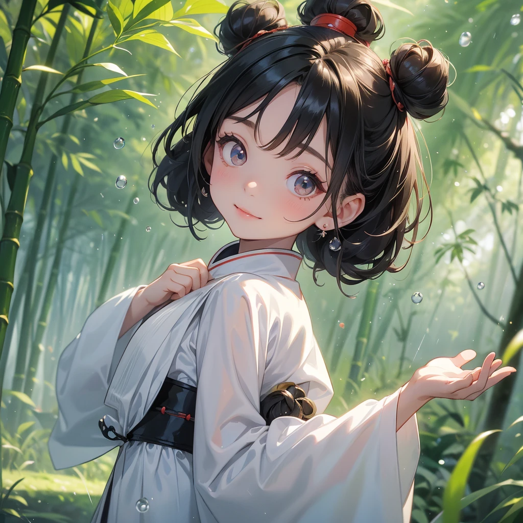 A chibi child girl had a small face and Wearing white little Taoist priest's outfit. A pair of big round eyes shone with curiosity about him. This child was so cute! ,her hair is black with two buns on her hair.small chibi, chibi baby, smiling,The little chibi baby looked up with his chest raised, and his face was old and proud.
The back is a lush green bamboo forest. The air after rain has water droplets splashing around.