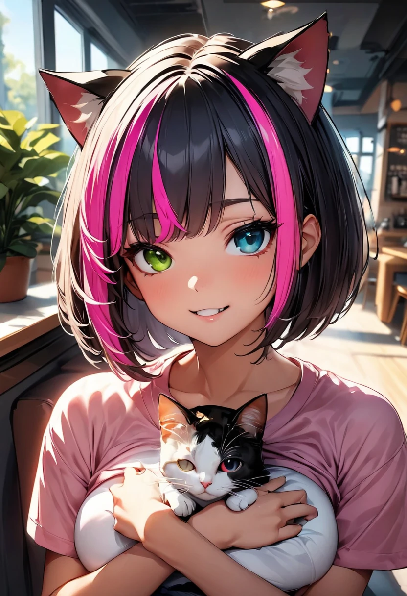 ((highest quality:1.2, Very detailed, up to date, Vibrant, Ultra-high resolution, High Contrast, masterpiece:1.2, highest quality, Best aesthetics), Portraiture、girl、solo, (25-years-old:1), slim, heterrochromia, green eye, red eye, Bright colors、Beautiful fine details、Beautiful lip detail、extra short hair, ((bob cut:1.5))、pink and purple, ((streaked hair:1.9)), (highlights hair: 1.6), (medium breast:0.7), (tan skin:0.5), (wear cat ears:2), (sitting in pet Cafe:1), many cats in cafe, (holding cat in chest:1), pink V-neck shirt, jeans shorts, open smile:1, upper body