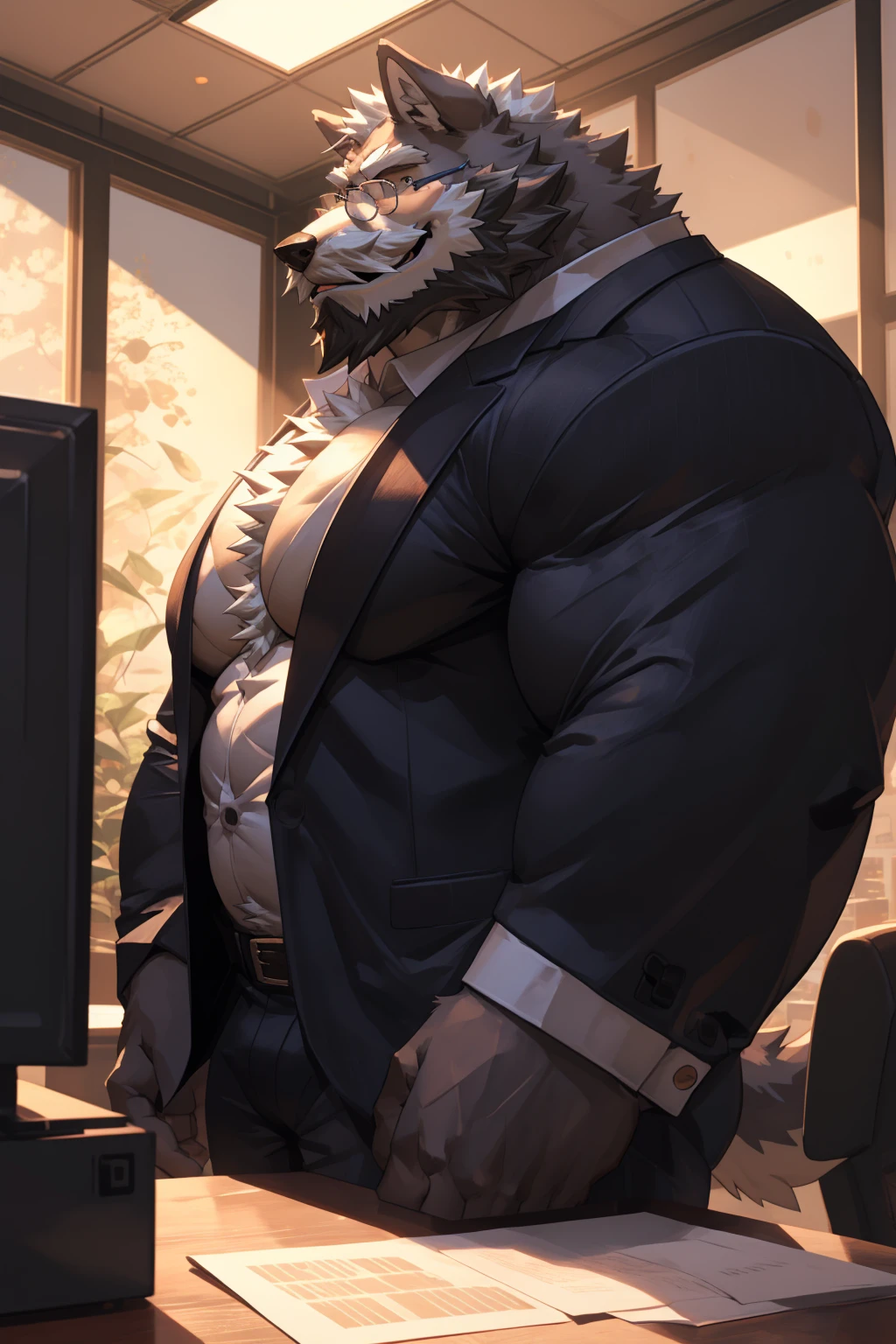 1boy, 1man, solo,  (furry wolf), (face, detailed face, bearded, white beard, thick mustache), (glasses), office, extremely huge muscular, massive muscular , sixpack , (suits), well-muscled old man. ((extremely muscle size, super thick arms, huge pec, hyper pec, bigger chest, extremely wide pectoral , huge arms)), wide smiling. Add textures and details to make the image more realistic, such as the appearance of the. Make sure the resulting image is high resolution, 8K quality