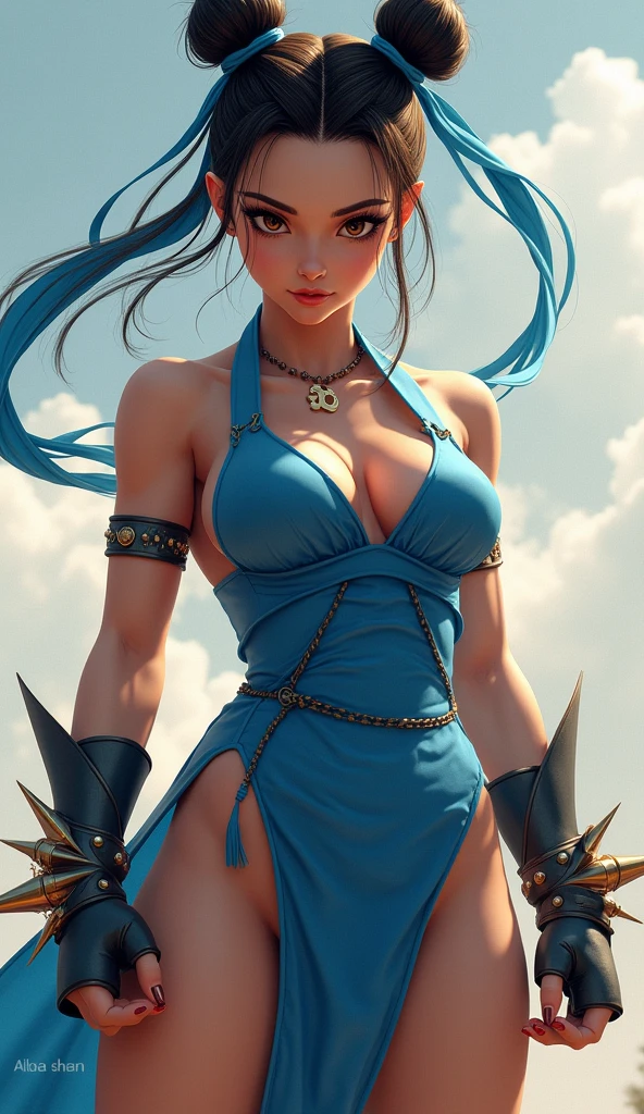 Chun-Li, fierce and graceful, stands ready in her classic blue qipao, her muscular legs tensed with power, poised to strike. Her brown eyes burn with intensity, a mix of determination and justice, as she focuses on her unseen opponent. Her spiked bracelets catch the light, a reminder of her strength and relentless training. Twin buns with blue silk ribbons frame her face, slightly tousled by the wind. In this moment, she embodies both beauty and strength, a warrior who fights not only with her body but with her heart, driven by a deep resolve to protect those she loves and uphold justice.