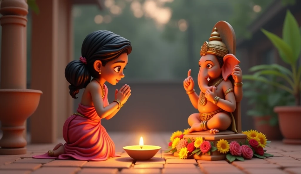 in cinematice 3d cartoon style indian Moha Worshipping the Clay Ganesh Idol*
- A serene scene of Moha performing the evening aarti (prayer) with a small clay idol of Ganesh placed on a small platform decorated with flowers. The surroundings are simple but filled with an aura of devotion.