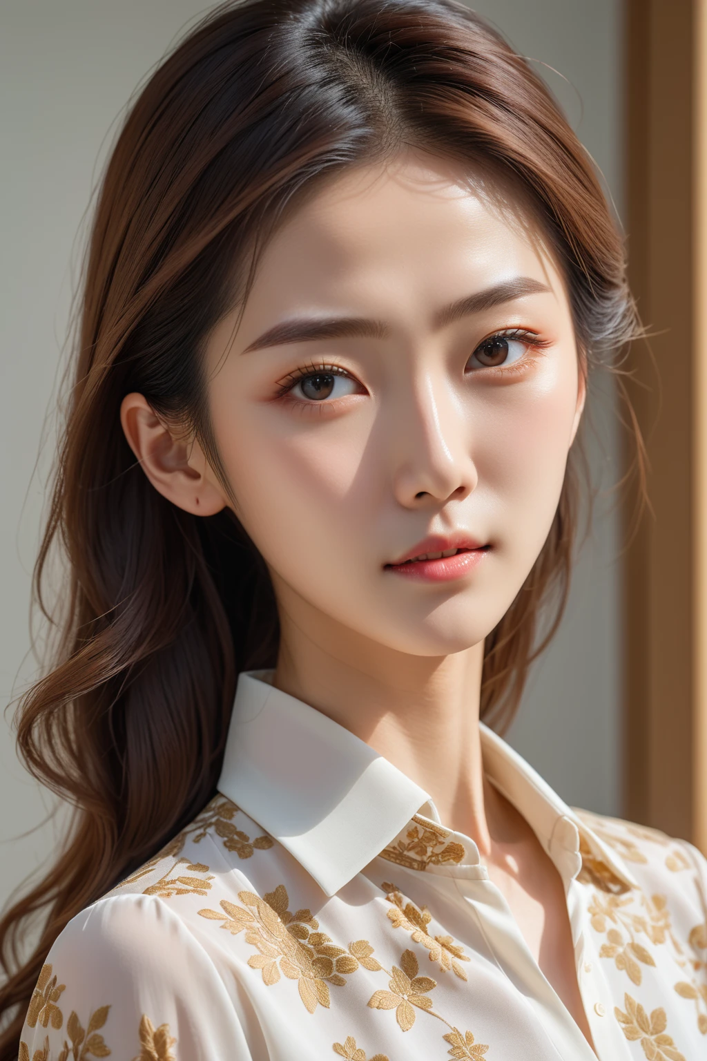 oblique angle,squinting,clenching jaw, japanese women, detailed facial features,chiffon blouse, professional photography, (best quality,4k,8k,highres,masterpiece:1.5),ultra-detailed,(realistic,photorealistic,photo-realistic:1.37),intricate details,delicate skin,soft lighting,warm tones,portrait,simple office,
