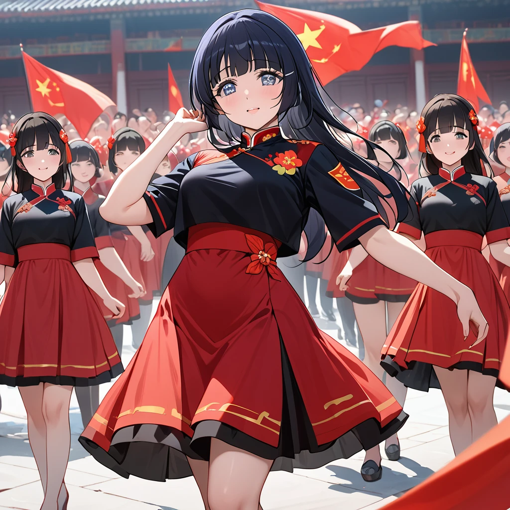 ((Highest quality)), ((masterpiece)), (detailed), （Perfect Face）、The woman is Aoki Reika, has medium-long hair and is a member of the Chinese Communist Party.、A woman wears a Chinese Communist Party folk dance costume and performs Chinese folk dance for China with female members at a Communist Party rally.