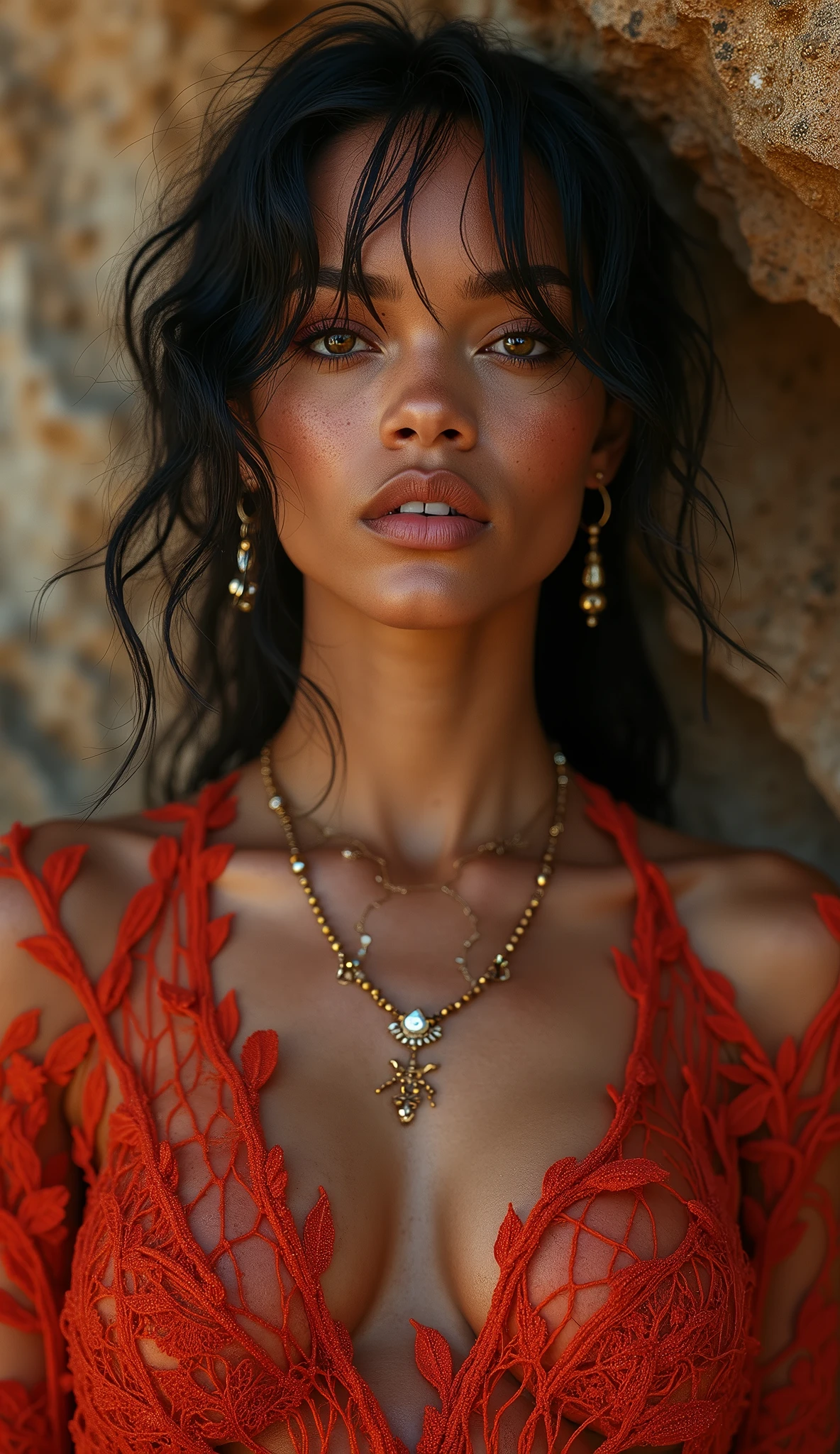 A frontal portrait that resembles the actress “Rihanna”. Sensually smiling with a pale, porcelain complexion, wide-set eyes and delicate freckles on her nose and flushed cheeks. Her head and shoulders are surrounded by an ornate, leaf-like pattern reminiscent of delicate lace or a network of leaf veins. The pattern should be in dark red tones and blend seamlessly with the skin or look like a natural extension of the woman's body. The woman's facial features should be symmetrical and well-defined, with a calm and serene expression. The image should combine elements of nature with human features to create an artistic and surreal portrait. The light, revealing clothing and visible body parts resemble coarse linen in bright colors. Gold particles float in the air and glisten in the light of the evening sun. A marbled rock face can be seen in the background, illuminated by the evening light. Overall effect: a calm and unworldly being in quiet contemplation.