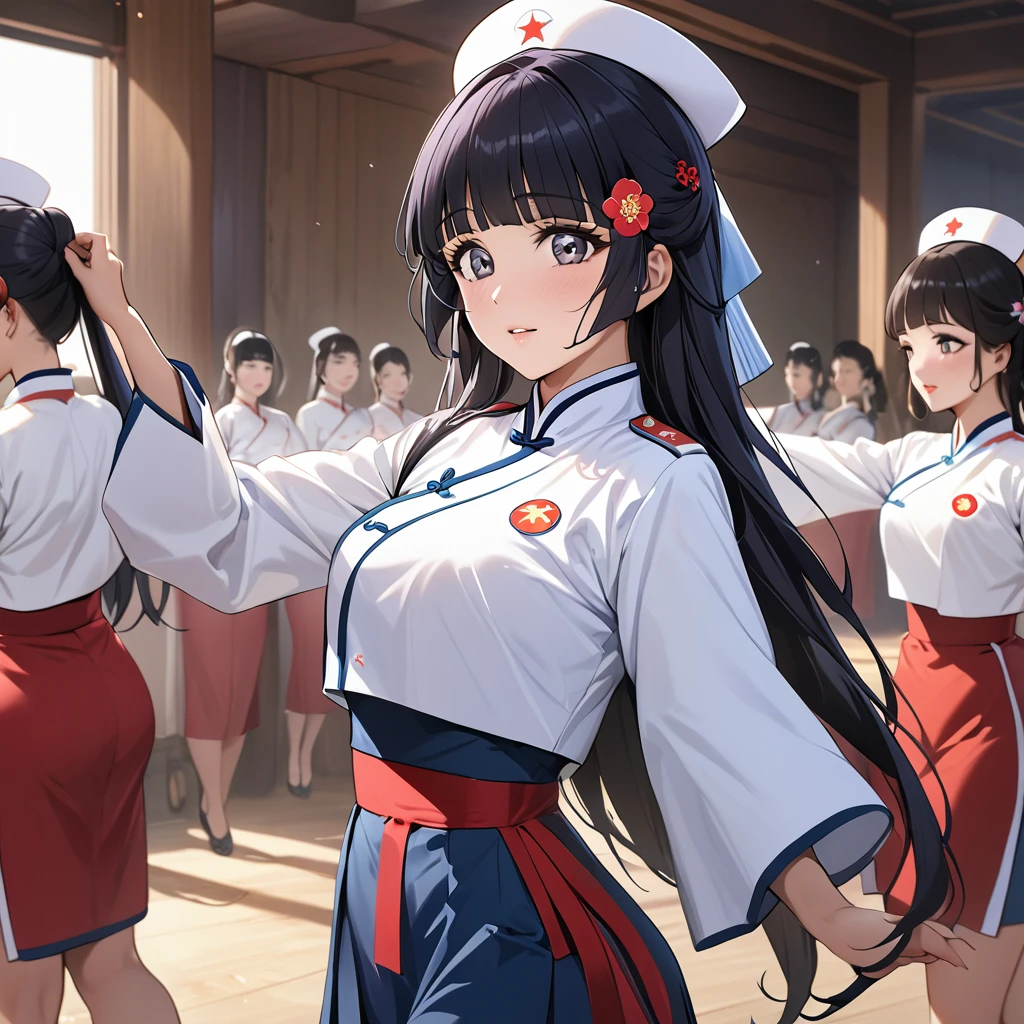 ((Highest quality)), ((masterpiece)), (detailed), （Perfect Face）、The woman is Reika Aoki with semi-long hair、The woman is a member of the North Korean Pleasure Squad and is dressed in North Korean national costume and performing a dance for the general.