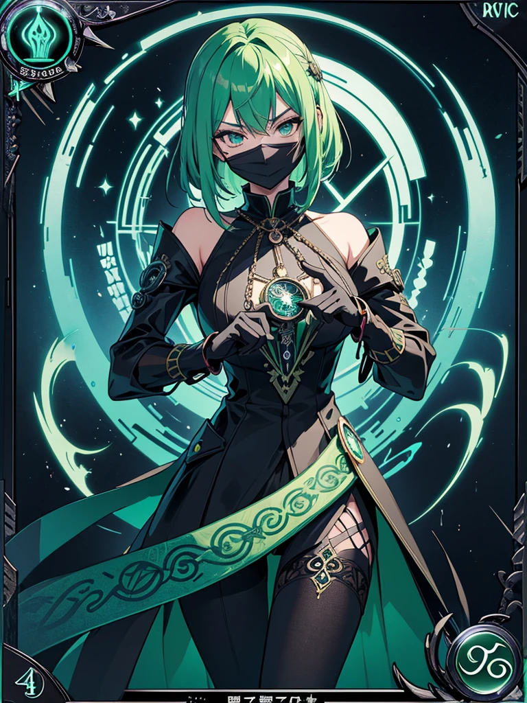 Waifu trading card back design, mysterious girl with green hair, wearing a black mask with a question mark, holding pocket watch and tarot cards, kind and gentle expression, vibrant and abstract background, intricate details, sharp and dynamic, vibrant colors, high contrast, fantasy anime style, sharp lines, neon accents, elegant composition