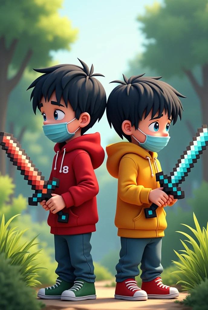 Hair : Black
Eyes: blue
Oufit: Red for first guy and yellow for second guy jacket or hoodie
Pose: holding Minecraft sword
Animated 2 boy with face mask and in one frame looking right now side pose
Background: nature