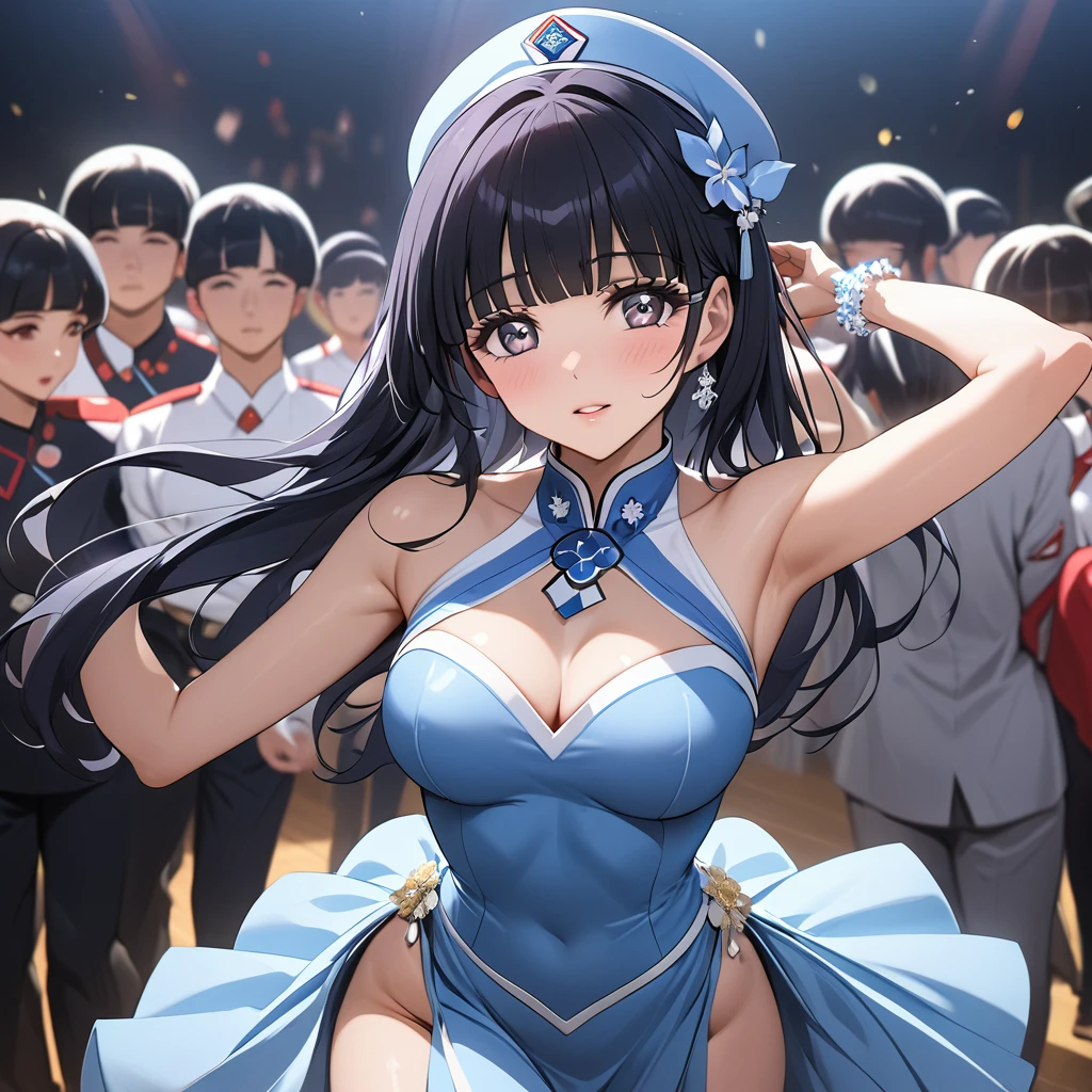 ((Highest quality)), ((masterpiece)), (detailed), (Perfect Face)、The woman is Reika Aoki with semi-long hair、The woman is a member of the North Korean Pleasure Squad and is dancing for the General in a glamorous North Korean dance costume.