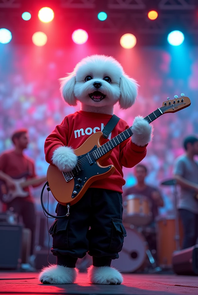 band、Outdoor Festival、The stage seen from the front、 舞台上でguitarを演奏し歌うビションフリーゼ犬、Black muzzle and black eyes、Black cargo pants、He is wearing a red shirt with the word MOCHI written on it.、Genuine、photograph、4 hp、High resolution、movie、illumination、colorful、guitar、drum、base、keyboard、