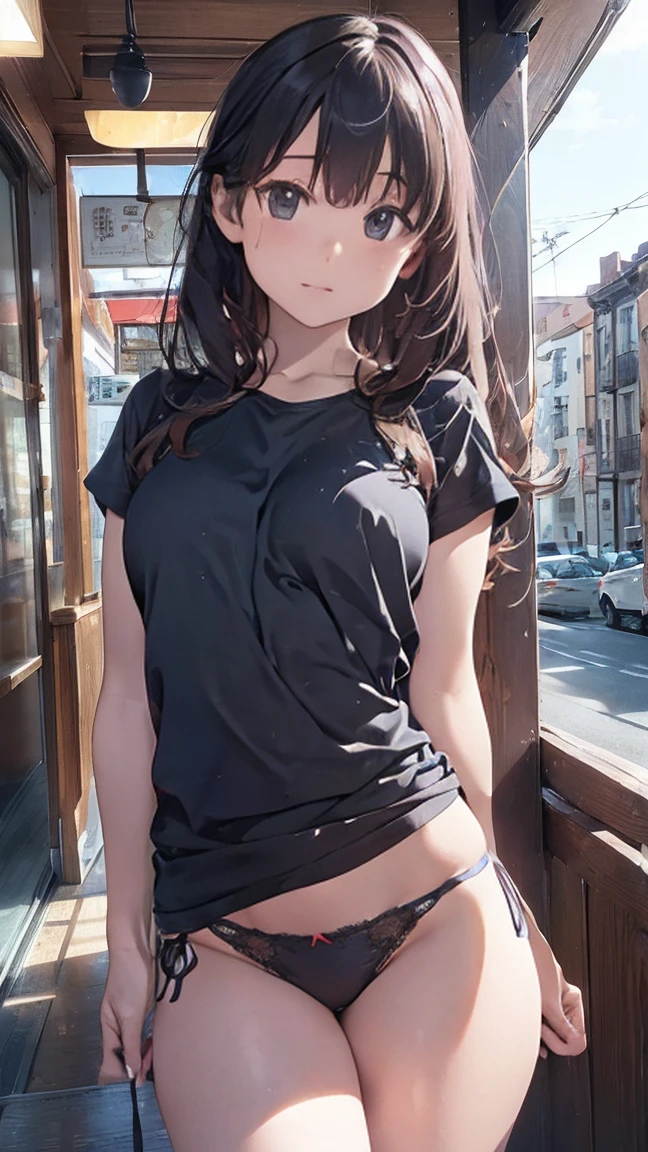 ((Highest quality)), (detailed), Perfect Face、((Highest quality)), (detailed), Perfect Face、Work as a manager at a popular cafe, 3、In a café in the daytime, ((Stand and show)), Spread your legs, ブラウス, ID card hanging from neck, Take off your black panties、　Holding the panties you took off in your hands、Angle from the front、((She has panties、Showing it to me。:1.5))、((Erect nipples: 1.1)), ((　Small breasts :1.5　)), ((Small round areola :1.3, ライトピンク:1.3 )), (((スカートめくり, ズボンがない, Genitals are visible))), ((masterpiece)), ((masterpiece))