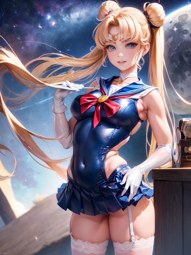 NSFW,table top、full:1.3、stand、8k、。.3d、realistic、Ultra-microphotography、highest quality、Wallpapers with extreme details CG Unity 8k、from below、intricate details、(1 female)、2、(sailor moon:1.6 Super Bishoujo Senshi sailor moon Mer1、Nether Warm Wind,land、sailor warrior uniform Sailor:1.5、sailor moon:1.5,Eternal sailor moon)、(Incredibly long and bright blonde pigtails:1.4、thin and very long straight twin tail blonde, bun hair、Red round hair ornament for bun hair)、((sailor warrior uniform、sailor color,pray miniskirt:1.5、Glossy pleated mini skirt:1.3、big red ribbon on the chest,,,,,、white long latex gloves,red gloves on the elbows、A gorgeous golden tiara on the forehead、ear nipple rings,Gorgeous Golden Jewels))、Extremely thin and fitted high gloss white holographic leather、High-gloss white latex high-leg swimsuit that shines like oil,(facial details:1.5、bright blue eyes、Beautifull expression、beautidfull eyes、Iris overview, shining eyes、thin lips:1.5、thin and sharp pale eyebrows,、long and thick eyelashes、double eyelashes、thin, thin and muscular,,,、small face、tall and big breasts、perfect proportions、big breasts thin waist、sexy model posing、dynamic pose,Visible pores、enchanting smile、perfect hands:1.5、octane rendering、very dramatic picture、(The divinity of the moon,space background、moonlight rays、moon、dynamic background、exquisite light and shadow、dynamic angle、detailed background),strong natural light、sunlight、Digital single-lens reflex camera、sharp focus: 1.0、Maximum clarity and sharpness