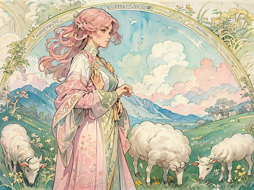 ((masterpiece)), (Highest quality), (Cinematic), Art Nouveau watercolor , Floral_background, Intricate designs and patterns in the style of Alphonse Mucha，\One Woman, Pink Hair, Long Hair, Cotton candy shaped hair, Fluffy hair, Thick eyebrows, Pink dress, Light blue cardigan, Standing in the grassland, Sheep next to\