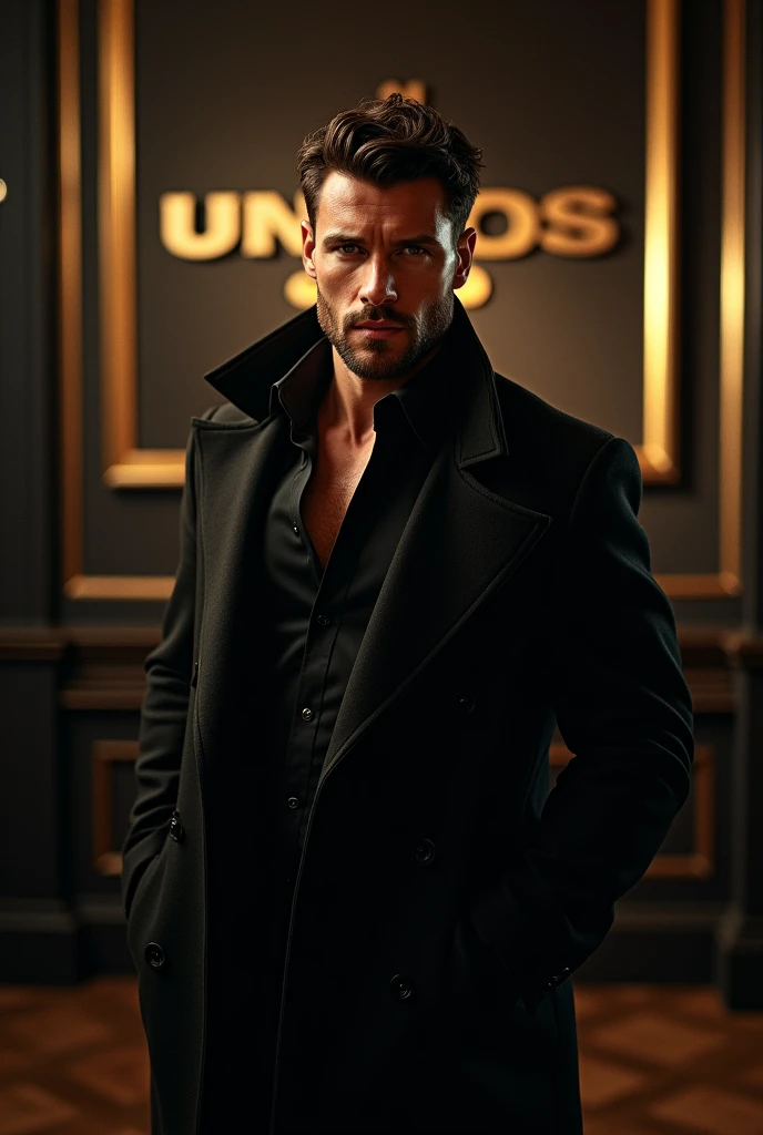 One man handsome man wearing a black coat. Color the background with black and gold. Write on that showcase SENARIO UNION 31 OGOS.