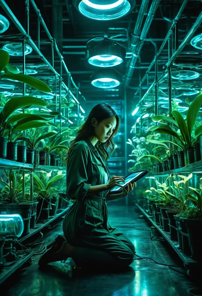 A futuristic secret laboratory, rows of glowing cylindrical containers filled with rare orchids, bioluminescent plants emitting an eerie blue-green light, genius botanist lady Misaki crouching behind an elaborate metal device, holding a tablet with incriminating data, and in her other hand a weapon she holds a standard flashlight. Alarms blinking red, steam hissing from pipes, floor reflective, holographic display showing molecular structure of plants, vial of liquid glowing in foreground, exit sign illuminated in distance, cinematic action scene composition, saturated colors, lens flare, ultra-detailed, intricate detail Highly Detailed Eyes, Faded, 16K resolution, RAW, Nikon Z9, Creative, Masterpiece, Fantasy, High Definition, High Quality, 8k, Realistic, Dramatic Lighting, Soft Focus, Digital Illustration, Intricate Mechanics, Advanced Techniques, Dark Background Cinematic, High Contrast, High Contrast Atmosphere, (Best Quality, 4k, 8k, High Definition, Masterpiece: 1. 2), Ultra-Detailed, (Realistic, Graphic, Photorealistic: 1. 4) -- No Glass --AR 16:9 --Stylize 1000