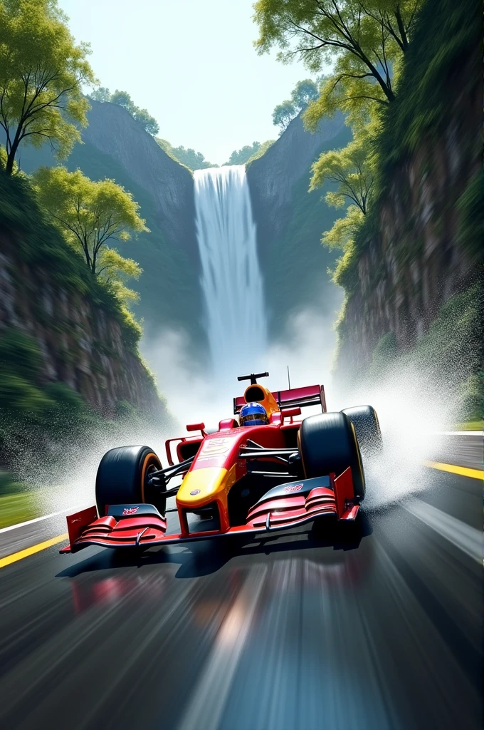 A speeding race car moving towards the big greenery waterfall covered with smoke clouds and fog