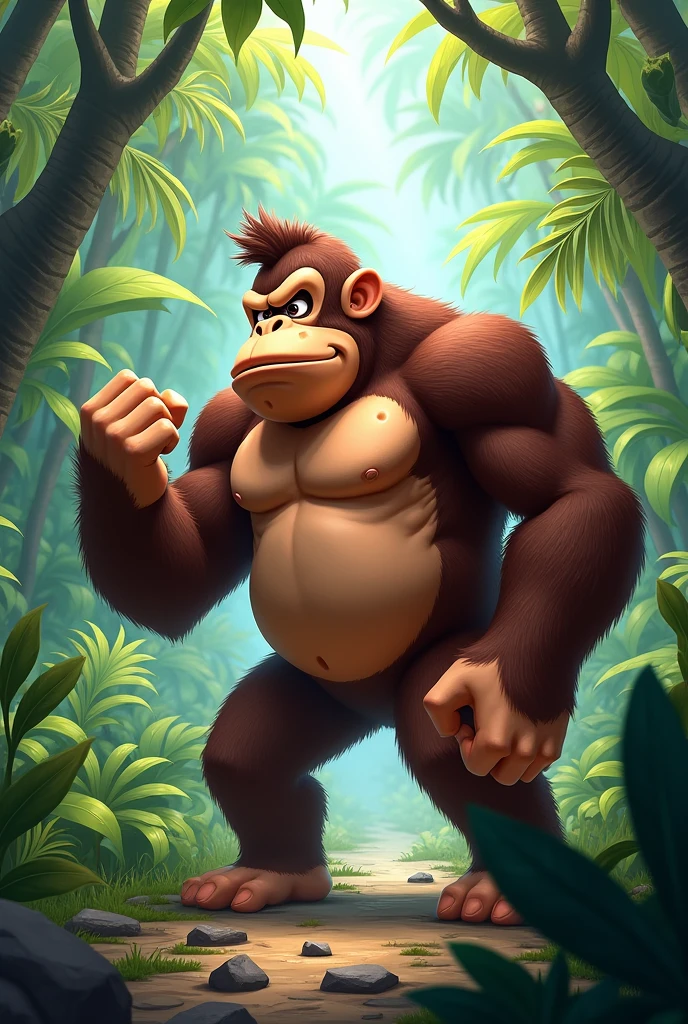 Detailed picture of a Donkey Kong anthro, (chocolate brown, big), he is beating his chest with his left hand on the middle of the jungle, trending on Art Station, Ross Tran, ruan jia, foxovh, ((determined expression, (((dynamic lighting,))), cartoon