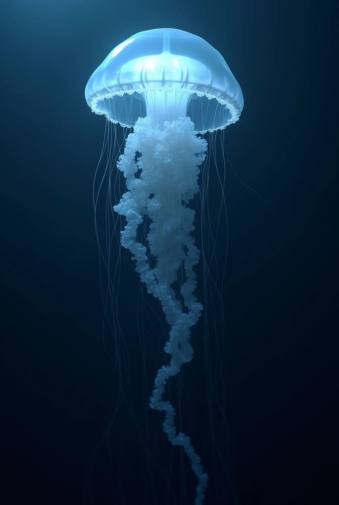 Box jellyfish with transparent body and long, dangling tentacles, swimming slowly in the dark blue ocean, a faint light illuminates its dangerous boxy form.
