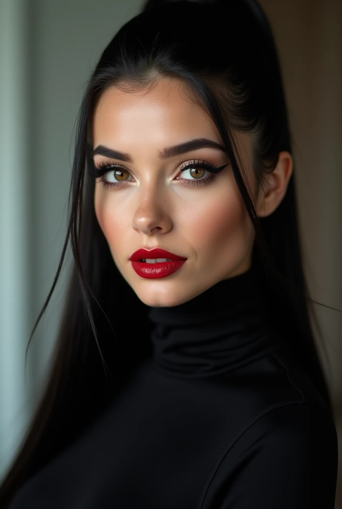 close-up, extreme close-up, close-up portrait, portrait, ultra realistic, photography, long black straight hair in a ponytail, elegant hair, (30 years old, hazel eyes, hourglass figure, perfect fit body, natural big breasts), firtatious look, crimson red lipstick, femme fatale, long eyelashes, cat-eye make-up, turtleneck sweater