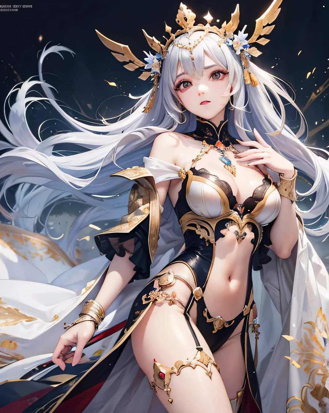 Masterpiece, Highest quality, Ultra-high resolution, Detailed, Beautiful female emperor, Clear skin, Beautiful appearance, It's as if she sees through the whole world, Beautiful Face, Beautiful Eyes, Wearing a luxurious white robe, Holding a long sword, Robes fluttering in the wind and silver hair blowing in the wind, The white robe perfectly complements her elegant figure., The attitude is calm and idyllic, Like a perfect fairy