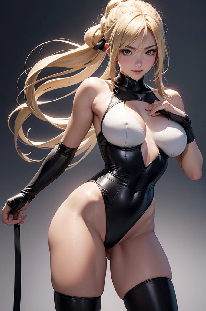 1 japanese  woman, full body, Blonde, Long Hair, Braid, Wearing a black High neck leotard, wearing black spats, Finger Removal Gloves, standing, standing, raise one leg, armpits, Boxing gym on background, Muscular, Tight waist, Big Breasts, smile, Surrealism, cinematic lighting, UHD, retina, masterpiece, accurate, anatomically correct, textured skin, super detail, high details, high quality, award winning, best quality, highres, HD, 8k