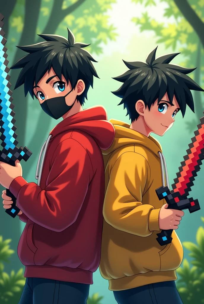 Hair : Black 
Eyes: blue 
Oufit: Red for first guy and yellow for second guy jacket or hoodie 
Pose: holding Minecraft sword
Animated  2   
boy with face mask and  in one frame looking right now side pose 
Background: nature 