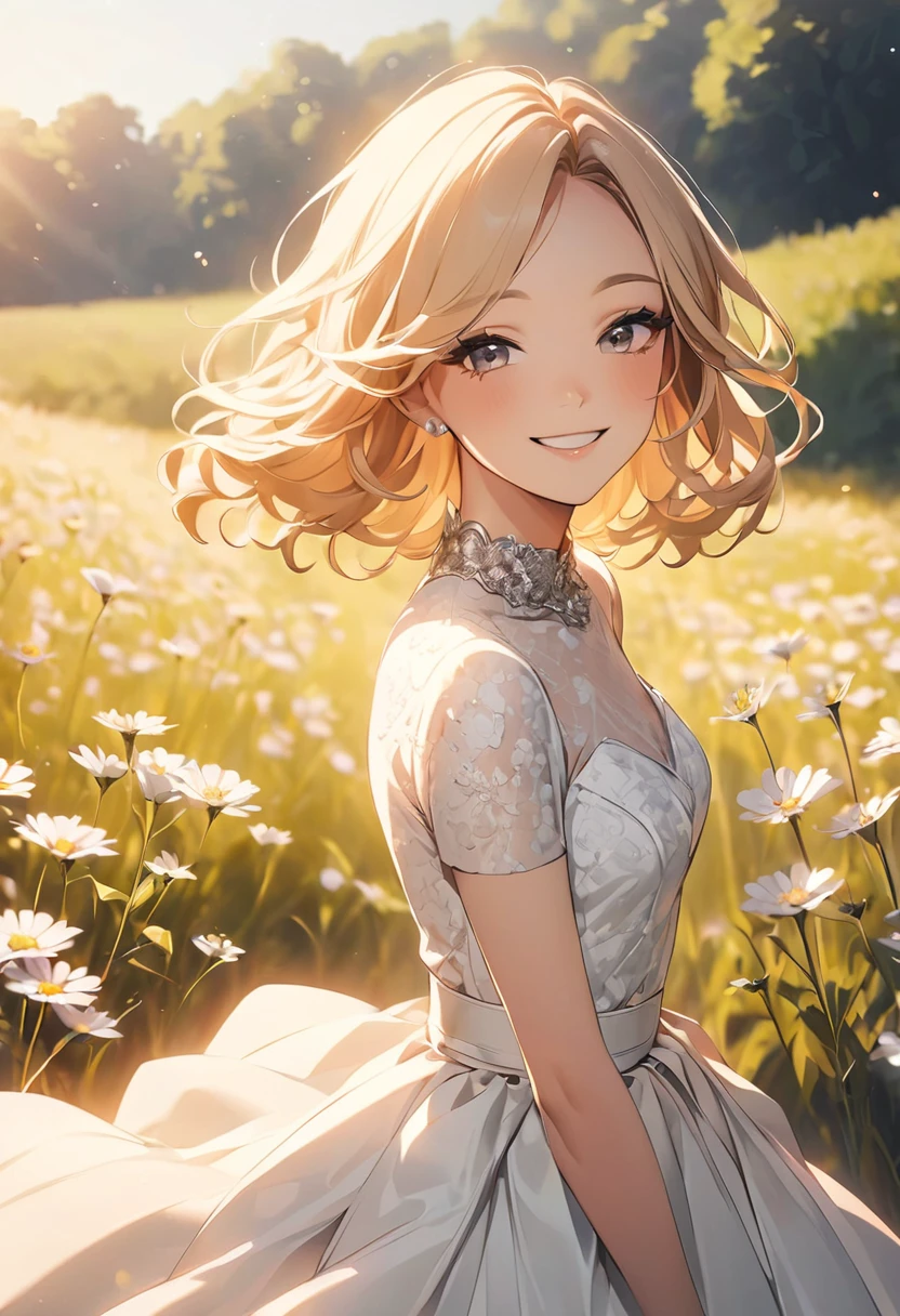 Photo photo semi close portrait of a woman, smile, happy, Vintage 60's nostalgia, golden hour, Vogue Haute Couture, 35mm portrait of a woman in a modest white lace dress wondering in a field of wildflowers. couleur chaude. vif. Realstic. Idinsouciance joyeuse joie bokeh fond. Peaceful aesthetics. softlighting. artistic lighting. Feminine elegance. taquiner