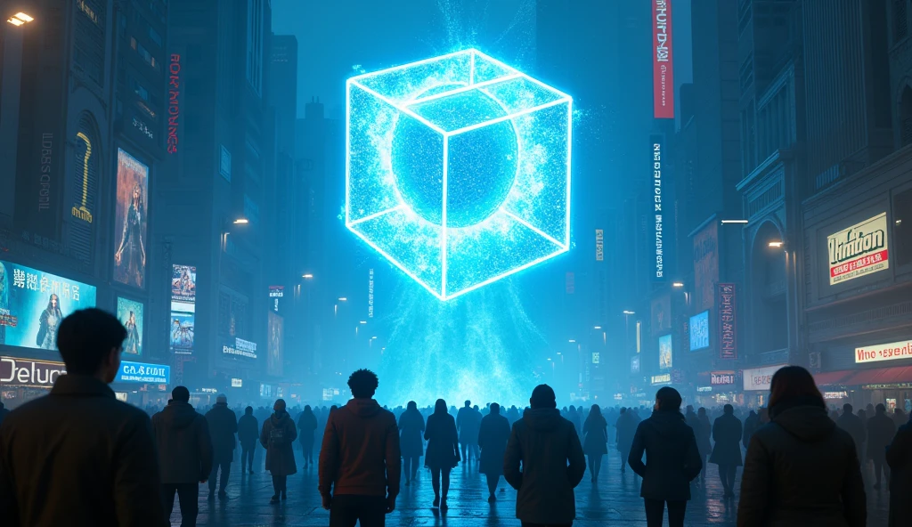 sky view to the city, a group of sci-fi civilian are floating above of a super giant cube hologram logo with the words "URBOX" in the wide growded street, The hologram logo explodes and emits an all-encompassing blue light between cyberpunk buildings, beam light line connect people. Lighting: Dark colors, faint blue lights from billboards. Effects: LED strips on the device gradually glow. Special: The scene evokes a sense of suspense and anticipation.