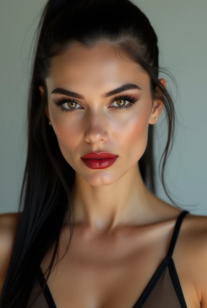 close-up, extreme close-up, close-up portrait, portrait, ultra realistic, photography, long black straight hair in a ponytail, elegant hair, (30 years old, hazel eyes, hourglass figure, perfect fit body, natural big breasts), firtatious look, crimson red lipstick, femme fatale, long eyelashes, cat-eye make-up, sportbra