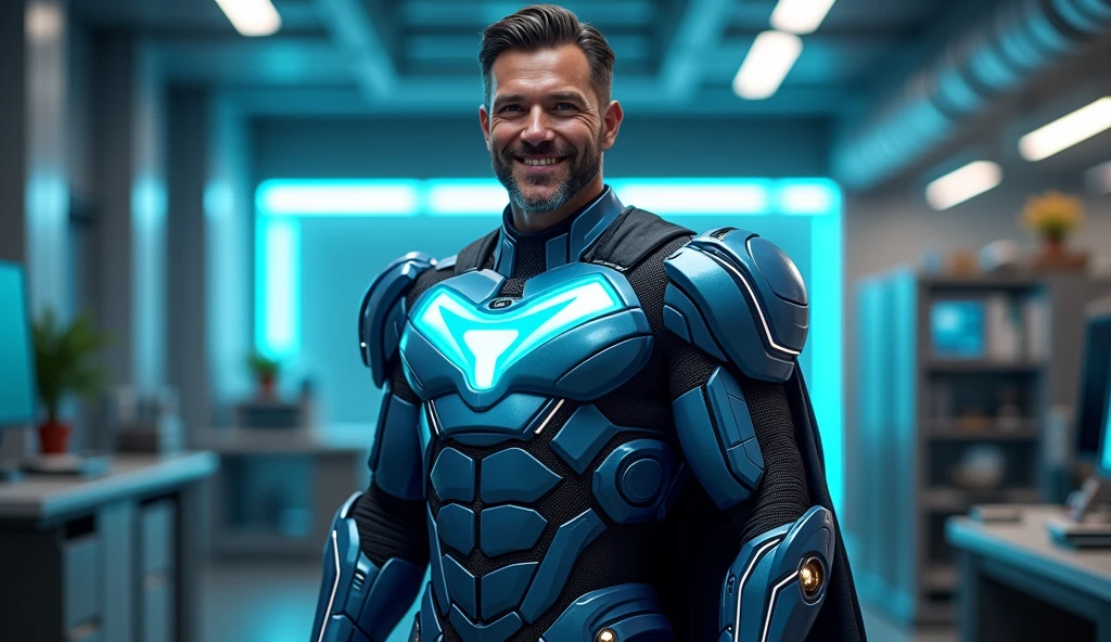 Create a superhero character for a channel called 'Techman'. The character must be an adult and convey confidence, intelligence and sincerity, with an impressive and technological look. Imagine a hero with a sophisticated and modern appearance, but not overly corporate. The design must include technological elements such as circuits or gadgets integrated into the suit., without losing the superhero aesthetic. He can wear a stylized outfit that mixes shades of electric blue, silver and black, with a circuit or technology symbol on the chest. The character must have an imposing posture, with a look that conveys expertise and a touch of charisma, similar to a classic superhero, but with an air of modernity and accessibility. He must appear to be a reliable protector of technology., with a look that combines sophistication and a futuristic touch Create an image of the character 'Techman' in a confident and welcoming hero pose, with a light smile and a friendly expression. He must be in a technological environment, with a background that suggests a futuristic office or laboratory. The attire must be modern, with subtle technological elements, and the character must convey intelligence and accessibility. The design must have a touch of sophistication and modernity, maintaining the appearance of a superhero."