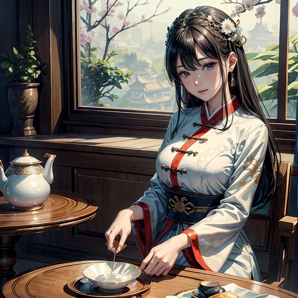 masterpiece、Highest quality、High resolution、8k、Ray Tracing、Detailed people、Detailed Yin、Two Women、Black Hair、Han traditional costume、Beautifully detailed clothing patterns、High-status clothing、Beautiful Face、god々Smile、Sit at a table with tea on it、(Very beautiful mother-of-pearl work、Beautifully detailed porcelain)、 Scroll、Luxurious traditional Chinese room、god秘的な昼間の景色、