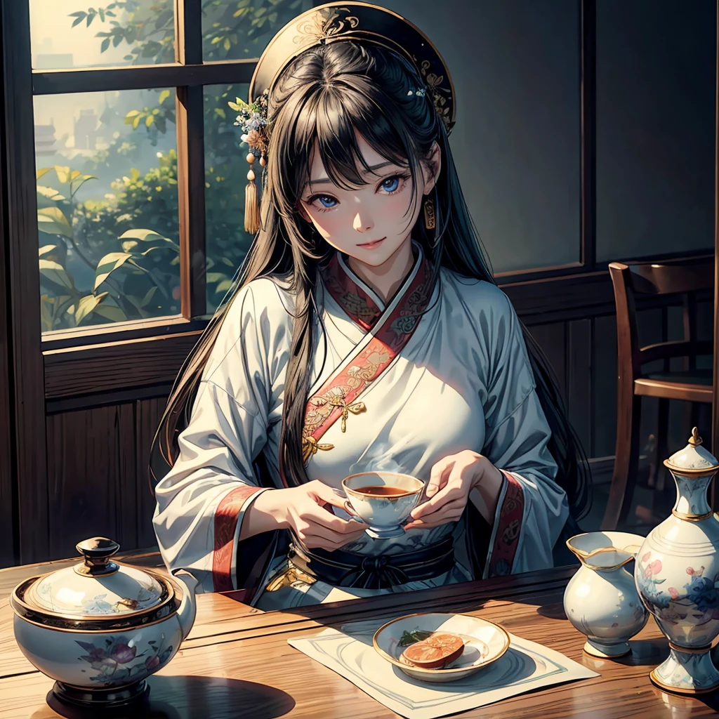 masterpiece、Highest quality、High resolution、8k、Ray Tracing、Detailed people、Detailed Yin、Two Women、Black Hair、Han traditional costume、Beautifully detailed clothing patterns、High-status clothing、Beautiful Face、god々Smile、Sit at a table with tea on it、(Very beautiful mother-of-pearl work、Beautifully detailed porcelain)、 Scroll、Luxurious traditional Chinese room、god秘的な昼間の景色、