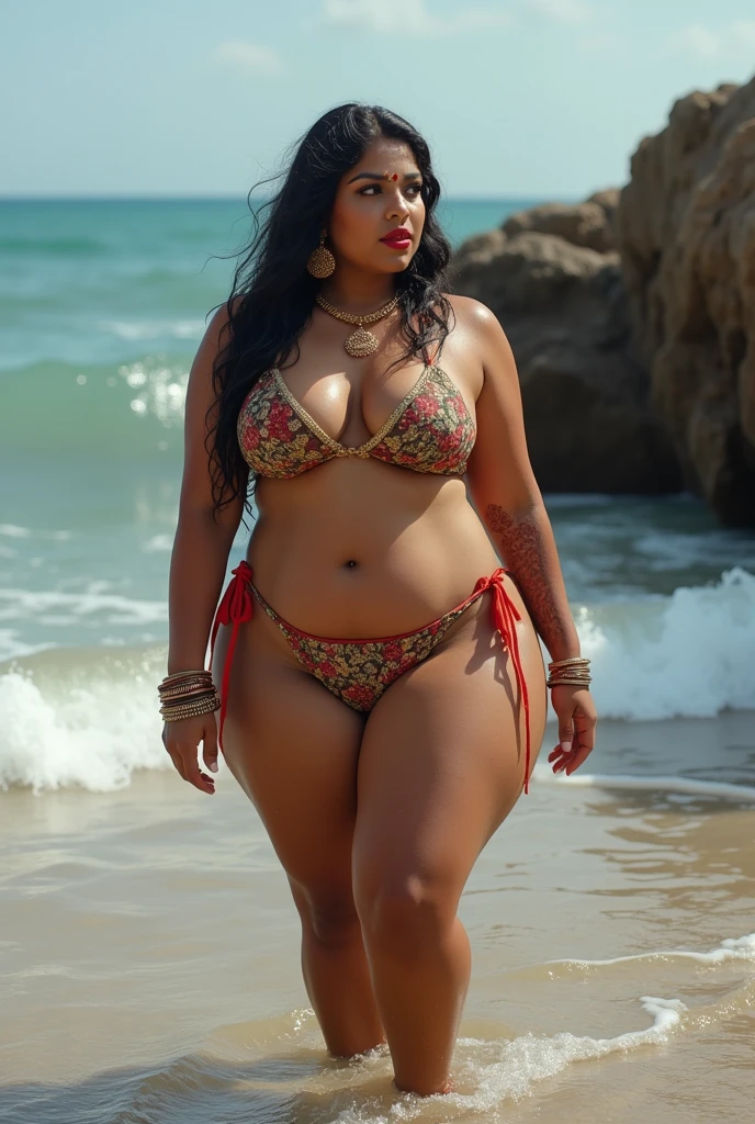 4 mature indian BRIDE, Wet CURVY FIT PAWG MARRIED INDIAN BRIDE, full body picture , BBW Wet curvy, wet Desi MOMMY showing her big ass  in sexy tiny thong pattern bikini and showing cleavage and in nose ring, many bangles in hands,earings, necklace ,lipstick ,navel,Indian, Chubby, showing her curves in sea water, sea waves , rocks, Group of lesbian women, henna mehndi designs on both hands, 