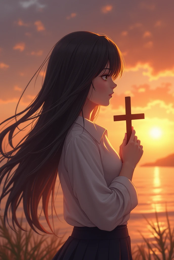 a girl with black long hair (around her waist) using white shirt and black pants hugging a cross and there was sunset in the background and the sun lights up her hair 