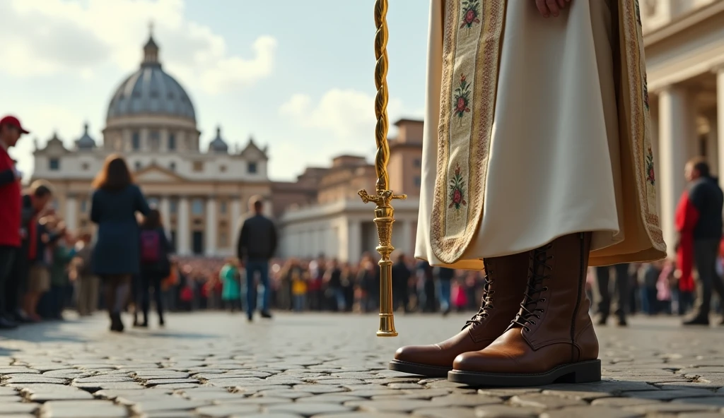 The camera is on the ground and the focal point of the image is the Pope's feet and next to it a golden papal scepter. The Pope is wearing brown, laceless, high-top leather boots with a zipper on the inside, typical of field workers. The Pope wears a white tunic decorated with papal insignia and a long cloak. The backdrop is a panoramic view of St. Peter's Square in the Vatican, crowded with tourists. The scene captures the moment of religious significance and the historical and artistic richness of St. Peter's Square. Ultrarealistic Ultrarealistic photo, 16k, ultra high resolution, photorealistic, Ultra HD.