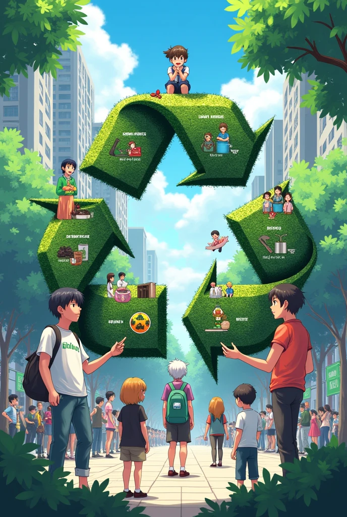 Generate a poster on importance Of recycling with many illustrations and make it anime style