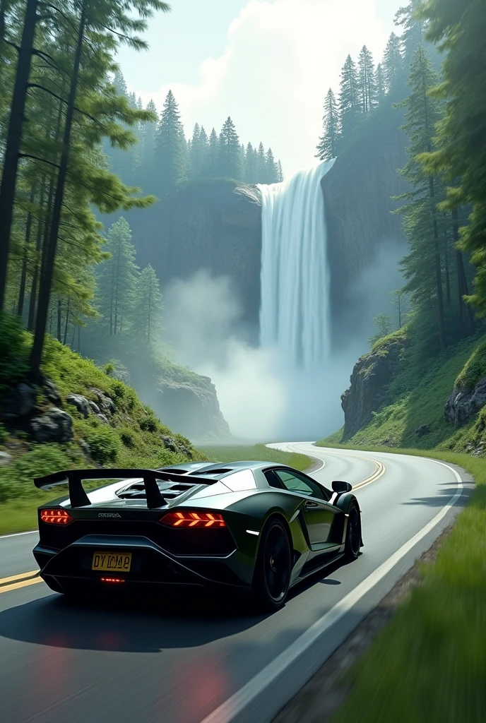  A realistic speeding car moving towards the big greenery waterfall covered with smoke clouds and fog