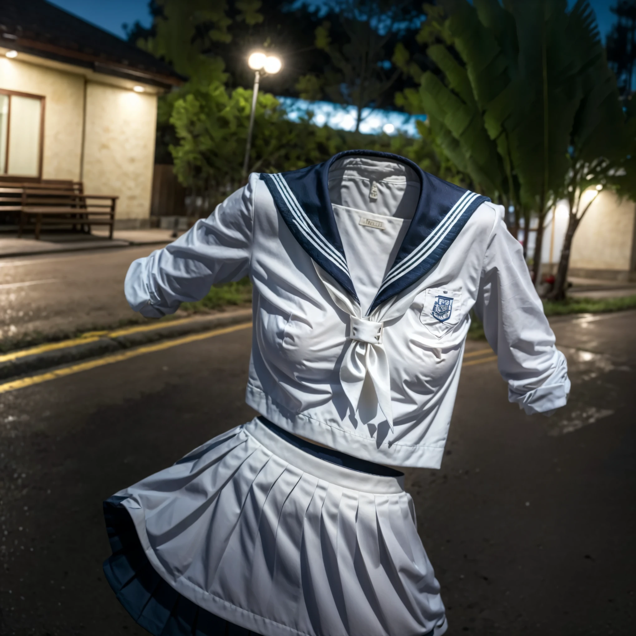 (Best-quality, Masterpiece, Ultra-High-Resolution, (Photorealistic:1.4), Raw Photo, depth of field, professional lighting, perfect anatomy, extremely details), cowboy shot, (invisible:1.5, no humans:1.5, headless:1.5, handless, legless), grey skirt, neck ribbon, ribbon, sailor collar, skirt, sailor collar, (cute big )