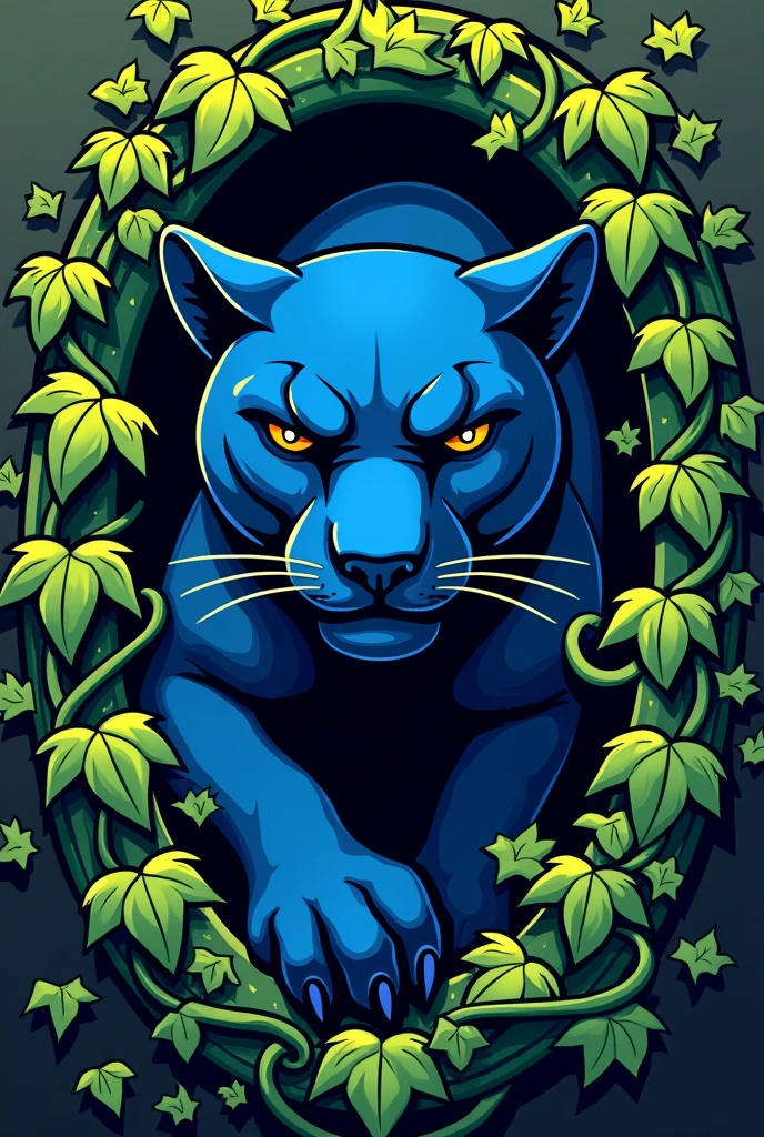 make a shield sports logo that look like a blue panther is hiding behind ivys, like cover the panther with ivys