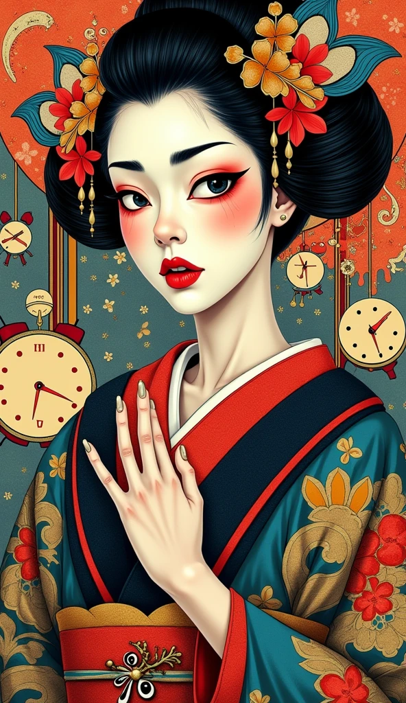 "A surreal, abstract illustration inspired by Picasso’s 'Weeping Woman,' depicting an Edo-period oiran. Her face is fragmented into angular, geometric shapes, with exaggerated, asymmetrical features. One eye is larger and almond-shaped, while the other is small and sharp, reflecting emotional turmoil. The white makeup is boldly contrasted with red eyeshadow, and her lips are painted in a distorted heart shape. The shimada-mage hairstyle is adorned with ornate kanzashi, but fragmented into planes, with vivid colors like deep reds, golds, and blues clashing dramatically. Her multi-layered kimono features traditional patterns of cherry blossoms and peacocks, abstractly rendered with bold, cubist forms. The background is a surreal blend of Edo-period elements and melting clocks, merging traditional ukiyo-e with modern geometric shapes. The composition is chaotic yet balanced, with a rich, vibrant color palette dominated by fiery reds, deep blues, and intense yellows, emphasizing both the elegance and emotional intensity of the scene."
