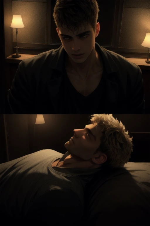 a young man giving oral sex to another young man, highly detailed, photorealistic, 8k, masterpiece, chiaroscuro lighting, warm color tones, dramatic shadows, moody atmosphere