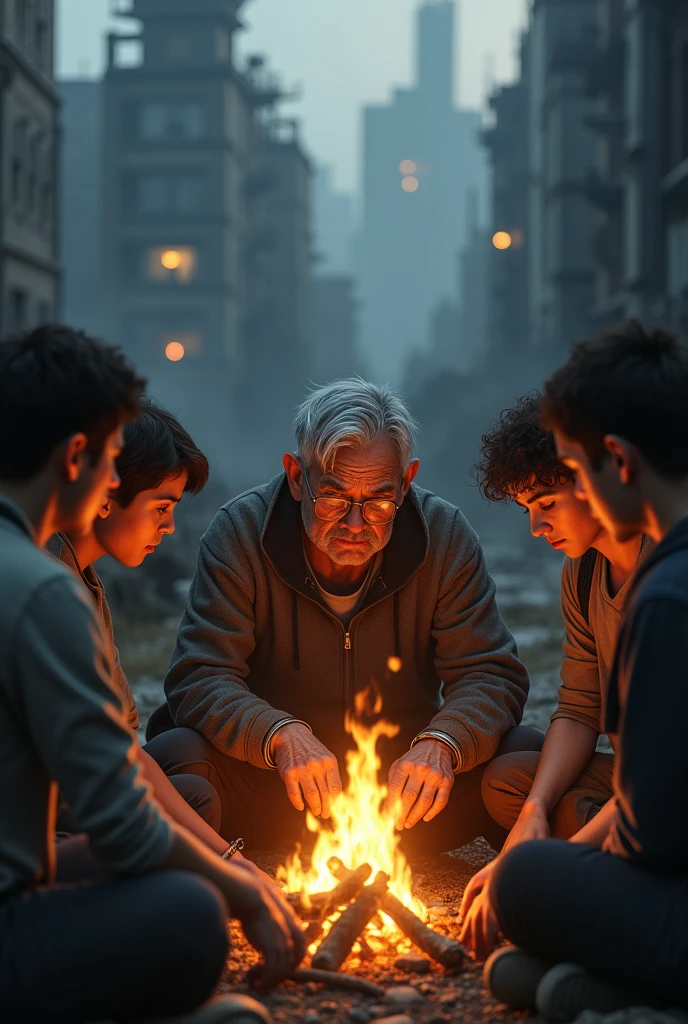 Elderly man gathered with young people at a campfire, gray and desolate city background