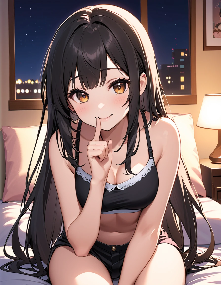 Girl,cute,kawaii,Chest to head,smile,Straight Hair,Long Hair,Black Hair,sitting,Bedroom,bra top,looking at the camera,night,put index finger on mouth