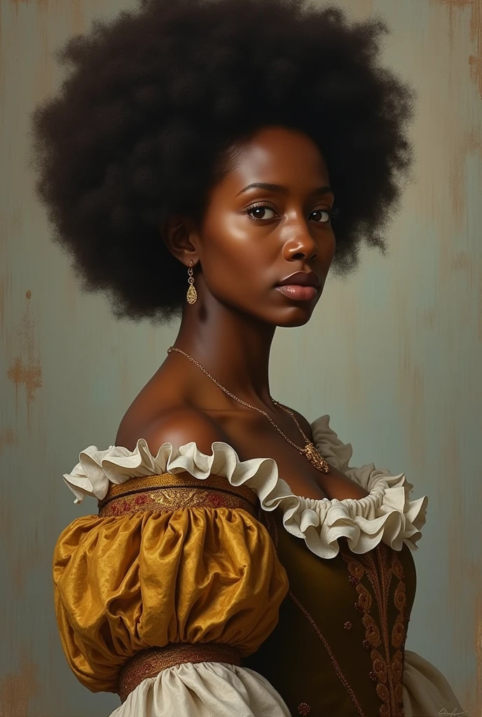 Canvas of an Afro-descendant woman posing slightly turned diagonally in a Renaissance style
