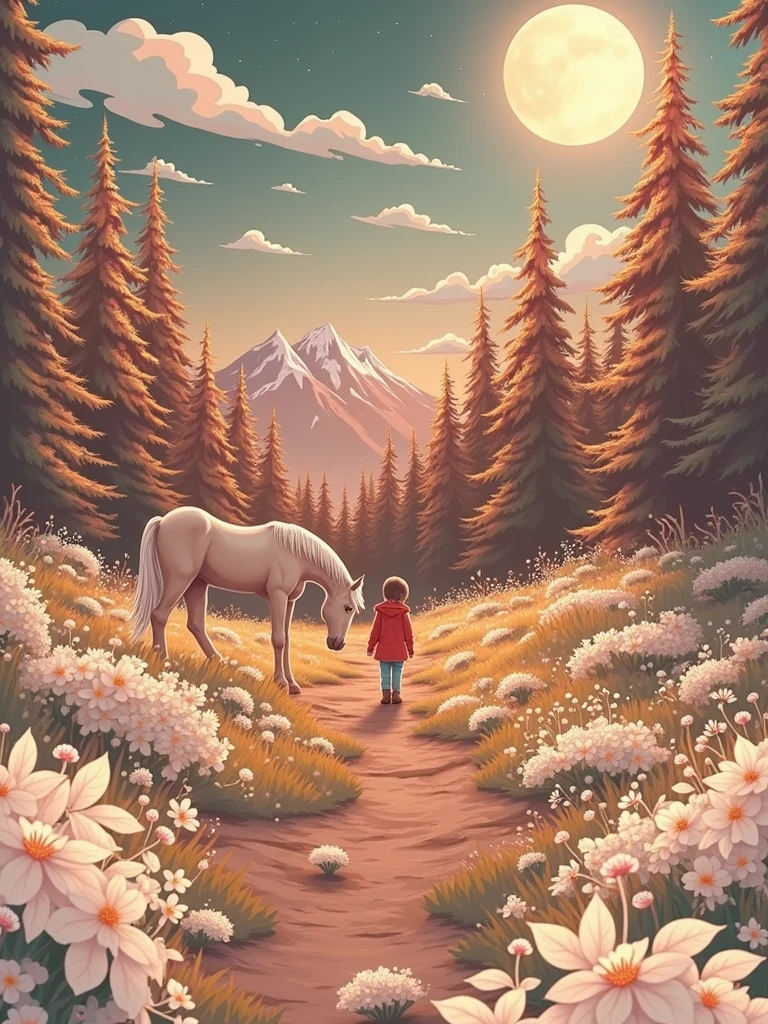 Make a nature illustration, forests. In the background are mountains covered in snow. A path through the forest illuminated by the light of the moon. There is a girl from the photo standing on the path with a horse.
