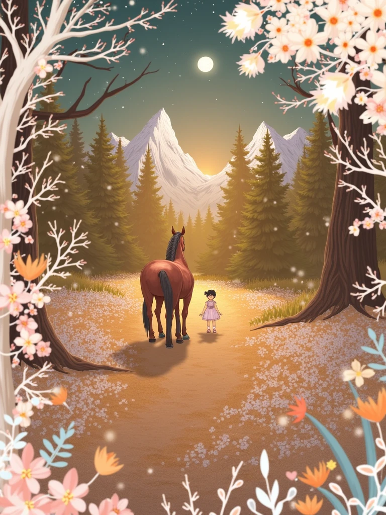 Make a nature illustration, forests. In the background are mountains covered in snow. A path through the forest illuminated by the light of the moon. There is a girl from the photo standing on the path with a horse.