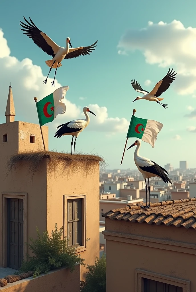 Dans la ville de Chlef ancienne maison les cigognes posent leur nid sur les toits des maisons et qui vole éparpiller avec leur petit drapeau algérien de couleur vert et blanc croissant de lune et étoile rouge sang