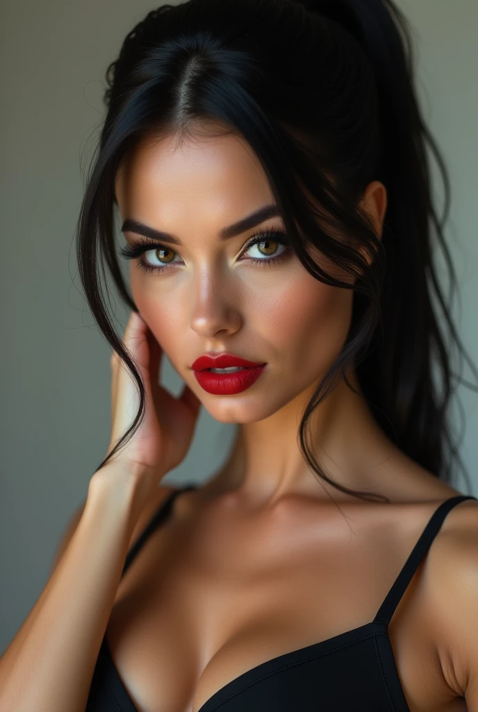 close-up, extreme close-up, close-up portrait, portrait, ultra realistic, photography, long black straight hair in a ponytail, elegant hair, (30 years old, hazel eyes, hourglass figure, perfect fit body, natural big breasts), firtatious look, crimson red lipstick, femme fatale, long eyelashes, cat-eye make-up, sportbra, moving a strand of hair behind her ear