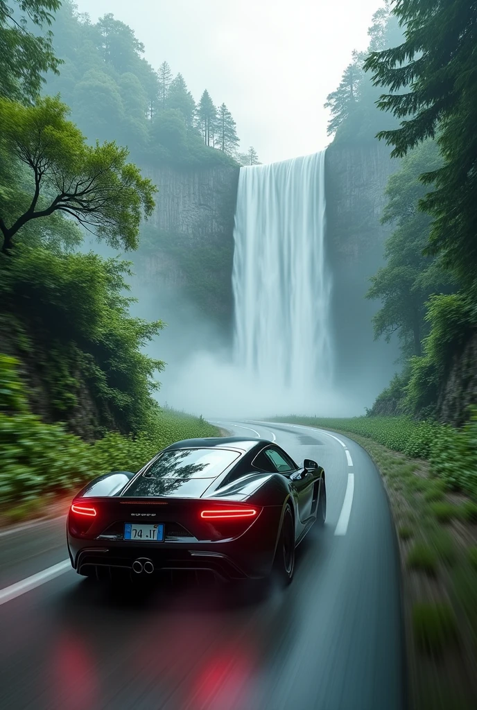 A realistic speeding car moving towards the big greenery waterfall covered with smoke clouds and fog