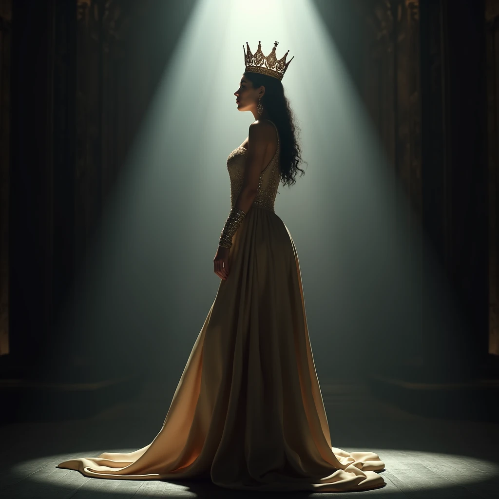 crown wearing woman  standing on spotlight