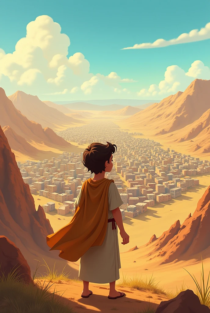 Young Moses looking out over the city of Midian from a hill, animated cartoon